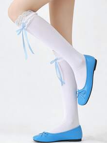 1 Pair Pink/Blue/White Lolita Style Sweet Lace Ruffle Bow Socks, Spring/Summer - Multicolor - View 6
