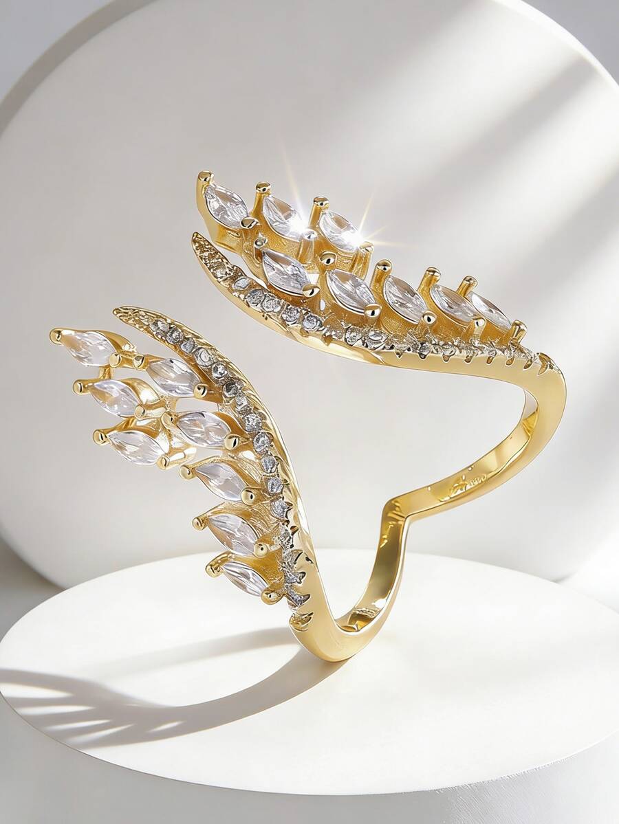 Charm-In Marquise CZ Open Wrap 18K Gold Plated Copper Ring | Adjustable Leafy Design For Women | Statement Jewelry For Everyday & Gift - Gold - View 1