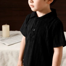 Baby Boy Black Ribbed Collar Short Sleeve Polo Shirt, Spring/Summer - Black - View 5