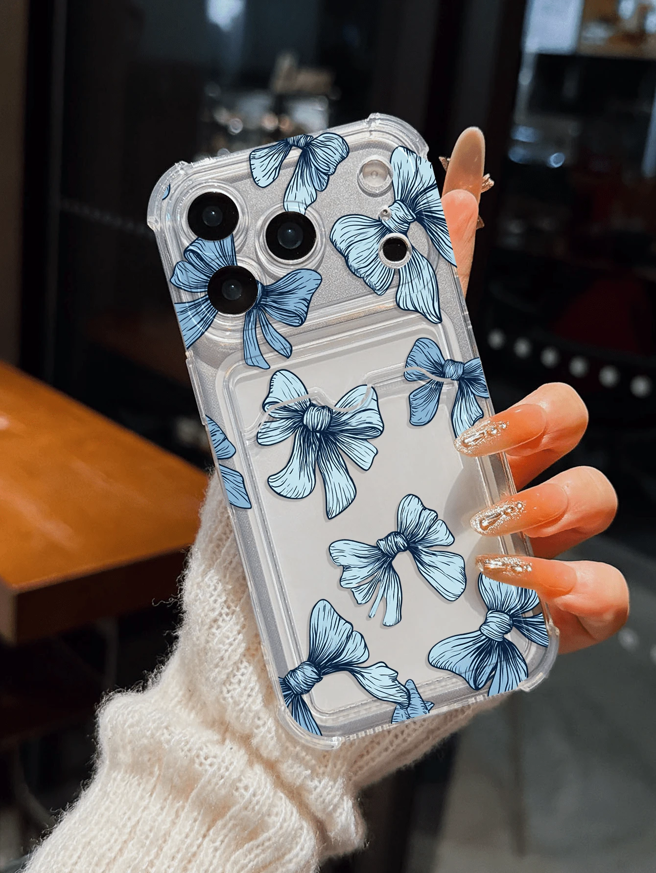 1 pieza Funda de teléfono transparente de TPU a prueba de golpes con lazo azul, compatible con iPhone 17 Pro, 16/16 Pro Max, 15, 11, 12, 13, 14, XR, XS, Pro, Max, 13 Pro Max, 15 Plus, 17, 17 Pro Max, Mini, con ranura para tarjeta y soporte para fotos, regalo de vacaciones - transparente - Ver 1