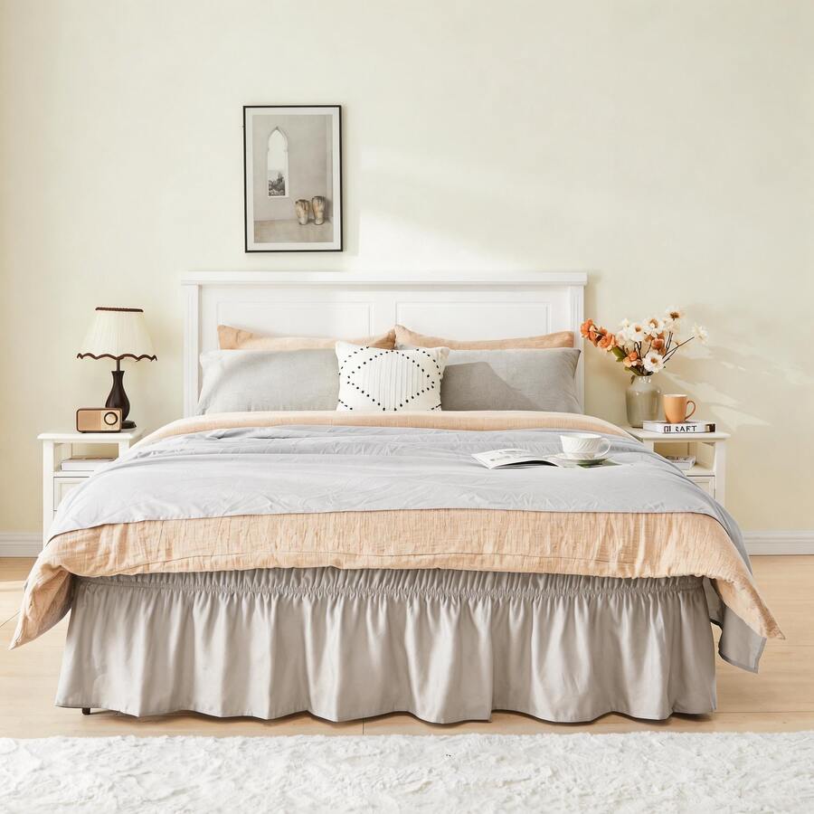 VOLTITO 1pc Elastic Bed Ruffle - Easy Wrap Around Ruffle - Microfiber Bed Skirt With Adjustable Elastic Belt 15 Inch Tailored Drop - Hotel Quality Bedskirt, Fade Resistant (T/F/Q/K) - Linen - 查看 1