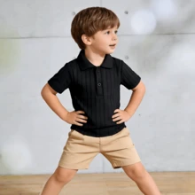 Baby Boy Black Ribbed Collar Short Sleeve Polo Shirt, Spring/Summer - Black - View 3