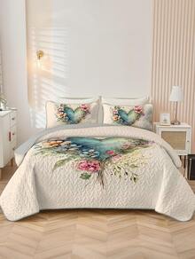 KTAbedding 2D Flat 2/3pcs Colorful Flowers And Plants Quilted Quilt, 1pc Quilted Quilt+ 1/2pcs Pillowcases, Soft Breathable Comfortable Portability Hypoallergenic Machine Washable Bed Cover Bedding Room Decor, Twin/ Queen/ King Size Christmas Decorations - Màu trắng kem - Xem 7