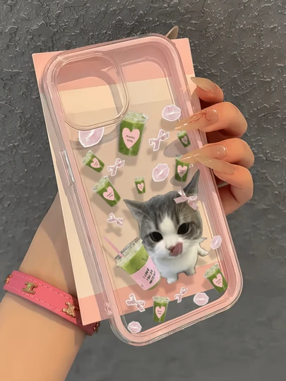 1pc Pink Matcha Bow Tie Cat Minimalist Shockproof TPU Phone Case, Compatible With IPhone 17, 16, 15, 14, 13, 12, 11 Pro Max, Air