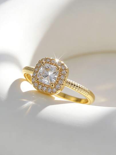 Charm-In Paved CZ Halo Square Cut 18K Gold Plated Copper Ring | Dainty Bridal Fashion Ring For Women | Perfect Anniversary & Valentine's Day Gift
