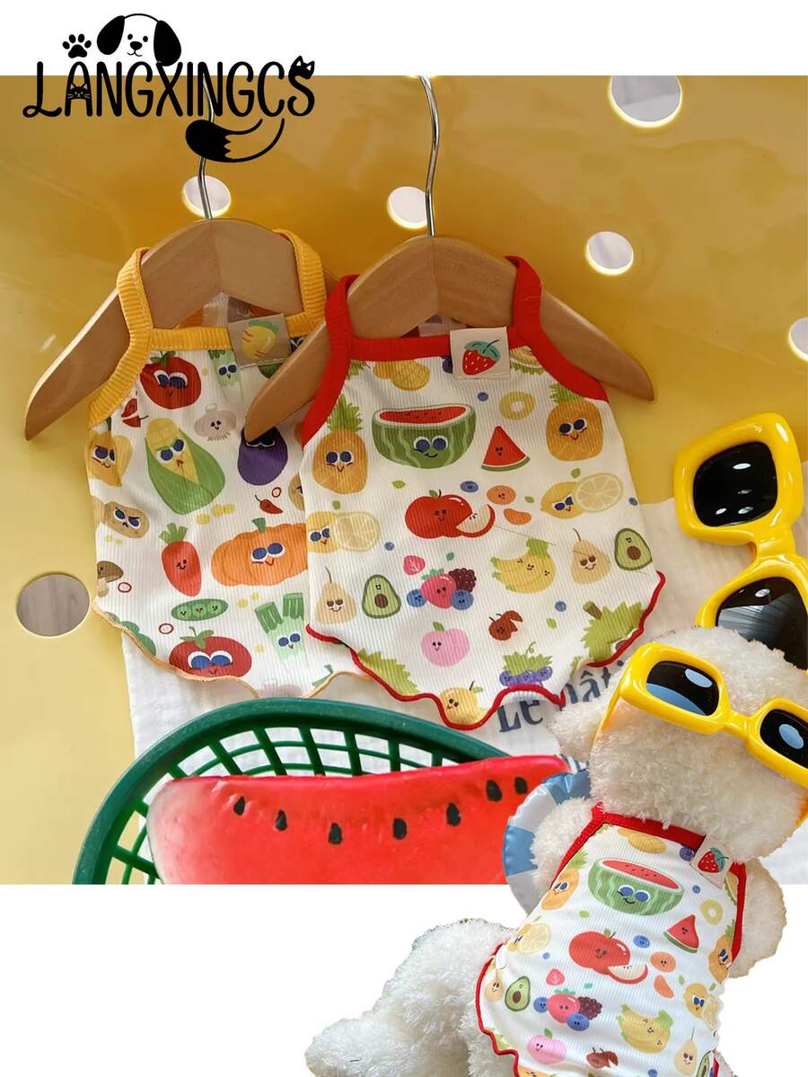 1 pieza Ropa para mascotas LANGXINGCS, Chaleco para mascotas con estampado de frutas y verduras de dibujos animados, Chaleco para gatos/perros pequeños y medianos con estampado de sandía y frutas y verduras de dibujos animados, ligero - Multicolor - Ver 1