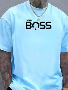 Men's T-Shirt "I Am The Boss" Printed Shirt, 100% Cotton, Casual Style, New Release - 淺藍色 - 查看 1