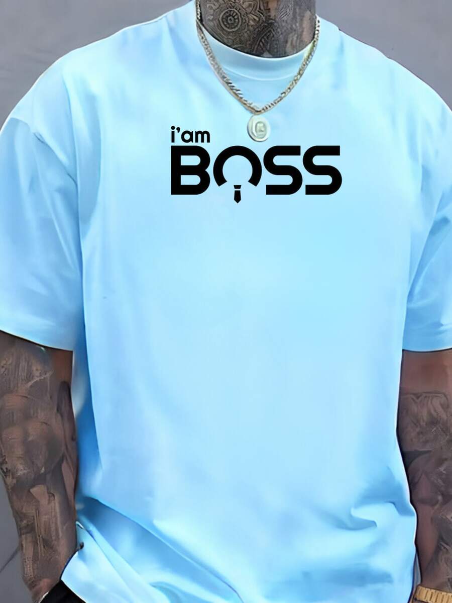Men's T-Shirt "I Am The Boss" Printed Shirt, 100% Cotton, Casual Style, New Release - 淺藍色 - 查看 1