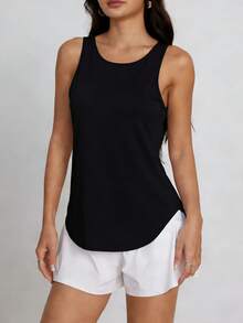 Áo tank top nữ không tay, màu trơn, dáng rộng, chất liệu vải thoáng khí, thích hợp cho tập gym, chạy bộ, hoạt động ngoài trời mùa xuân/hè, thiết kế cổ tròn đơn giản, phong cách thể thao. - màu đen - Xem 1