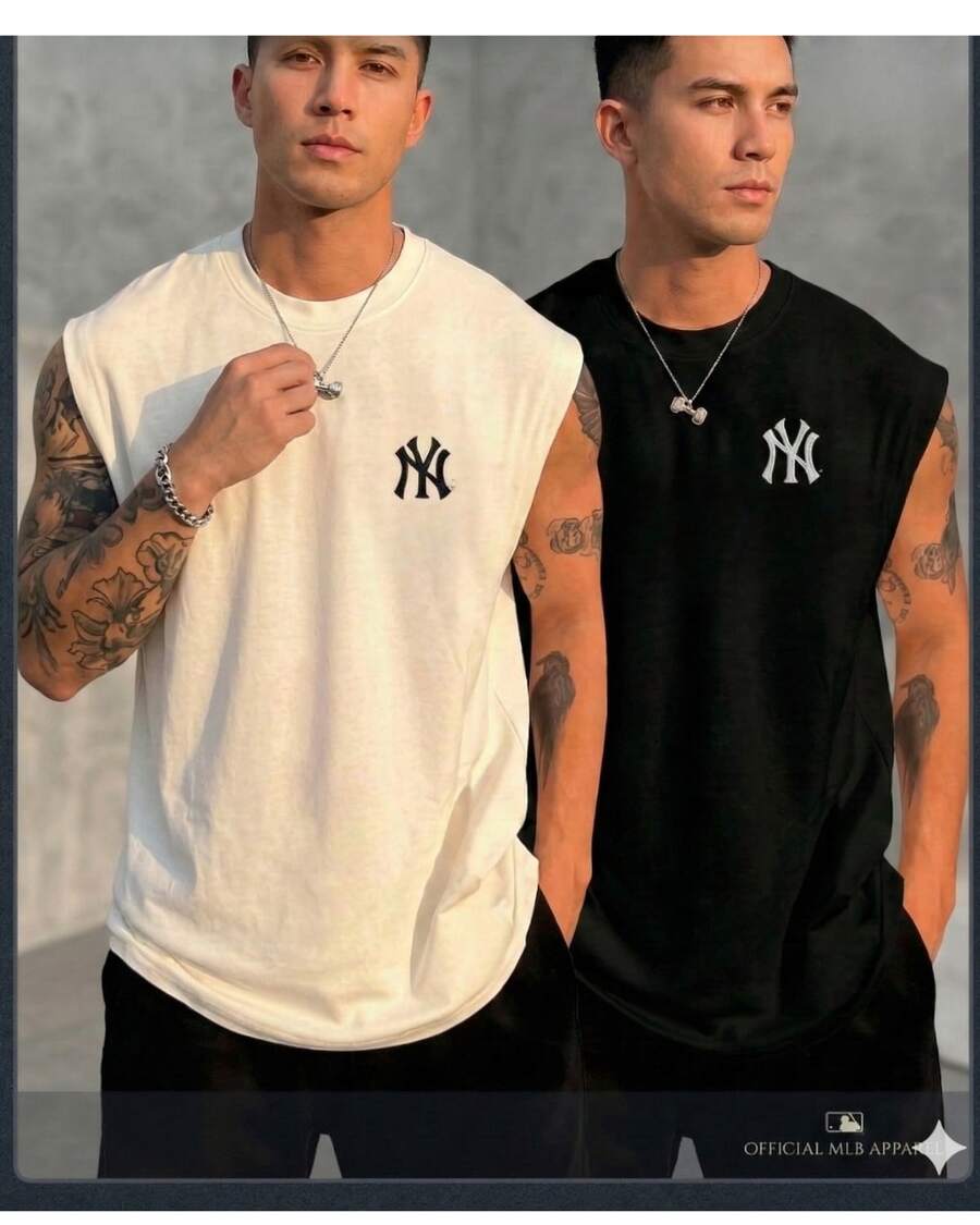Kit 2 Men's Oversized Tank Tops Stylish Low-Cut Shirt Gym 100% Cotton Premium Streetwear - 黑色 - 查看 1