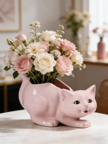 1个粉色卧猫花瓶，树脂材质，现代装饰礼品，家居装饰摆件，置物架装饰，餐桌中心摆件，客厅装饰，抽象艺术雕塑装饰，餐厅中心摆件 - 多款 - 查看 5