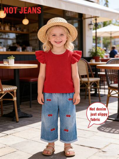 2pcs Baby Girls' Spring/Summer Outfit Set, Newborn Sleeveless Waffle Knit Top & Cherry Print Straight Leg Pants, Elegant & Fashionable Casual Clothing For Daily Outings