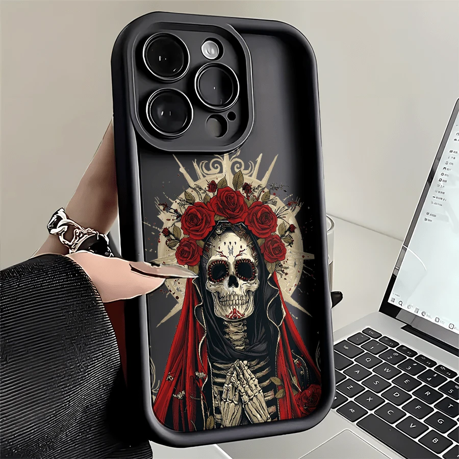Esta funda para teléfono con estampado de calavera oscura y rosa roja es compatible con Apple  16E/15/14/13/12/11/PRO/PLUS/PROMAX/MINI, S/A/M/NOTE, S/G/EDGE/E, Transition Spark/HANTOM/CAMON/INFINIX, Honor 400/PLAY/X/Y, OPPO Reno/A/F, 14/Redmi/POCO/NOTE y otros modelos. Está hecha de TPU transparente, sencillo, elegante y duradero. Es una opción ideal para el Día de San Valentín, Halloween, Navidad, para uso personal o como regalo. - Negro - Ver 1