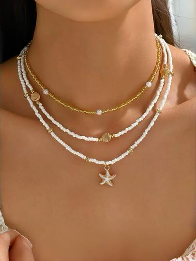 Colar Feminino Triplo Estilo Praia com Estrela do Mar Banhado a Ouro / Prata | Semijoia Ajustável Elegante
