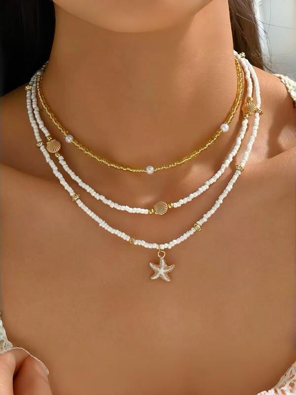 Colar Feminino Triplo Estilo Praia com Estrela do Mar Banhado a Ouro / Prata | Semijoia Ajustável Elegante