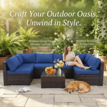 Wicker Patio Furniture Set, 7 Pieces Patio Furniture Set, Outdoor Sectional Rattan Sofa Set, Living Room Combination Sofa,Wicker Patio Conversation Set With Cushions And Glass Coffee Table, For Balcony, Porch, Garden - Navy Blue - View 3