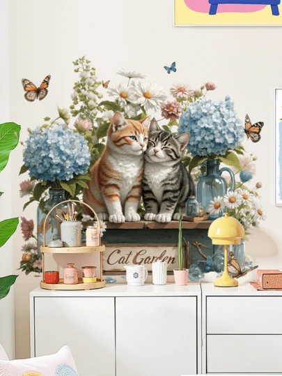 1 pieza Pegatina de pared de vidrio con racimo floral de gato de primavera, decoración de cafetería y fachada, calcomanía removible de flores y mariposas para ventana