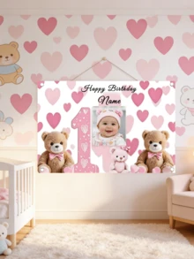 Customized "1pc" Heart-Shaped Bear Banner, Personalized Text Can Be Added. Made Of Durable Multipurpose Vinyl, Suitable For Birthday Parties, Baby Showers, Indoor/Outdoor Family Gatherings, Home Decor, And Photography Props. Includes Pre-Punched Corners And White Ribbon. Available In 3 Sizes. 2D Flat Design. - Multicolor - View 5