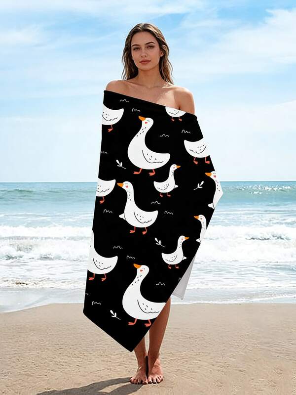 Large White Goose Pattern Resort Print Ultra-Fine Fiber Beach Towel, Thick Sand-Proof Soft Blanket, Suitable For Swimming Pool And Beach. Large Beach Towel, Large Ladies' Resort Style Printed Quick-Dry Towel, Double-Sided Plush Quick-Dry Towel, Cute Pink And Blue Striped Ultra-Fine Fiber Sports Towel, Waterproof, Sand-Proof, Dust-Proof Beach Shower Towel, Couple Swimming Essential