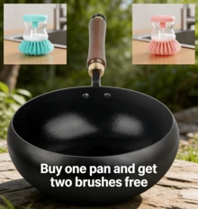 Buy 1 Pan, Get 2 Brushes Free Carbon Steel Wok Pan | Nitrided Uncoated Cookware | Even Heating Multipurpose Kitchen Pan With Lid & Wooden Handle | Includes 2 Brushes | Compatible With All Stoves & Induction Cooktop | Kitchen Essentials & Camping Cooking Gear - Black 3-piece Set (1 Pot and 2 Brushes Included) - View 3