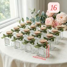 16 chiếc lọ thủy tinh vuông rỗng, hộp đựng quà tặng bằng thủy tinh, đồ dùng thủ công mỹ nghệ kèm nắp nút bần tự nhiên, ruy băng xanh và nhãn dán họa tiết thực vật, thích hợp làm quà tặng đám cưới, nến thủ công, đồ ăn vặt cho tiệc tùng. - Trong sáng - Xem 7