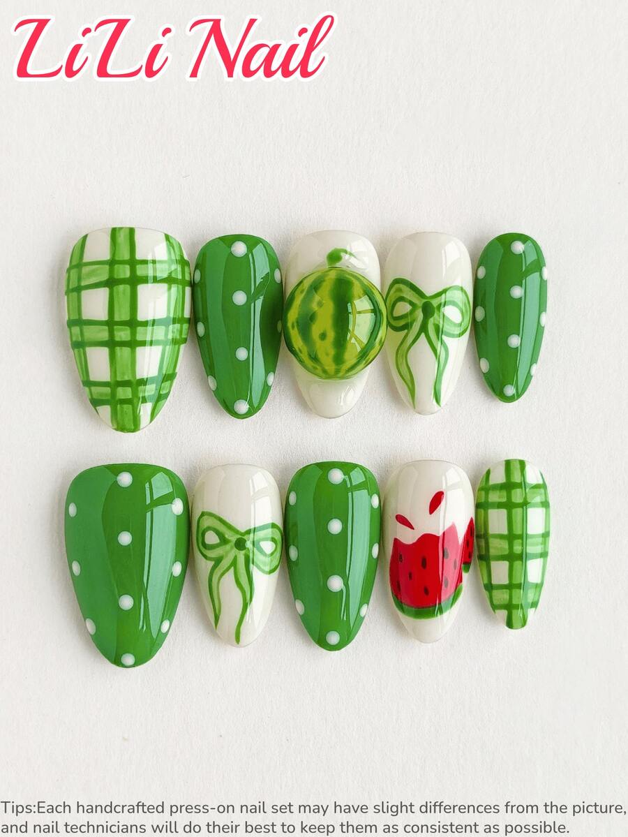 10pcs Handmade Acrylic Nail Stickers, Short Nails, Almond Shape, Green, White, INS Style, Polka Dots, Bowknot, 3D, Hand-Painted, Checkerboard Pattern, Cute Nails, Affordable, Nail Art Supplies, Reusable Nail Tips With Nail Tools, Suitable For Daily, Party, Office, Gift