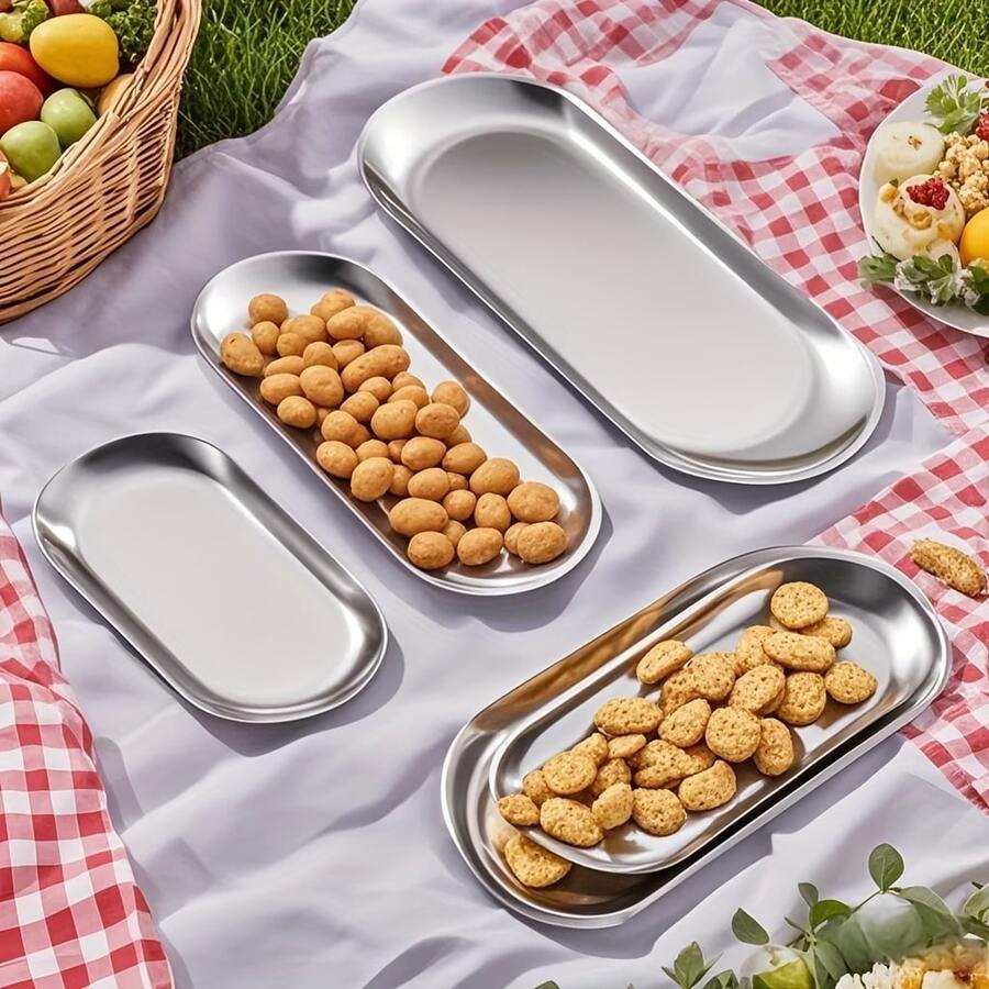 3件套不锈钢椭圆形餐盘：早餐托盘、小吃盘、炸物盘、薯条盘、寿司盘、甜点盘。适用于派对、烧烤和甜点场合。可放置毛巾。可用洗碗机清洗。