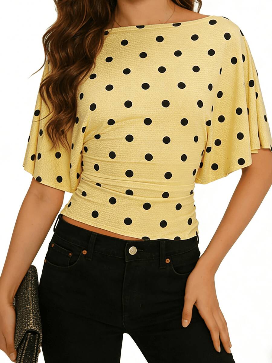 Women's Casual Polka Dot Top - Y2K Batwing Sleeve Fitted Short-Sleeved Vest - 黃色 - 查看 1