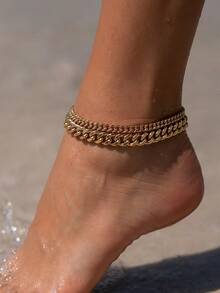 2pcs Gold Multi-Layer Chain Unique Design Anklet, Beach & Street Style, Suitable For Women's Daily Wear, Great Gift For Female Friends - Gold - View 3