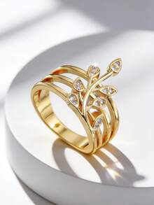 Charm-In 18K Gold Plated Triple Ring Leaf Branch Inlaid CZ Women's Fashion Ring Stackable Rhinestone Leaf CZ Fashion Jewelry Ring - Gold - View 1