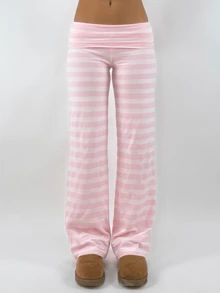 Women's Striped Print Fold Over Waist Wide Leg Pants Casual Loose Streetwear Long Pants - Hồng - Xem 5
