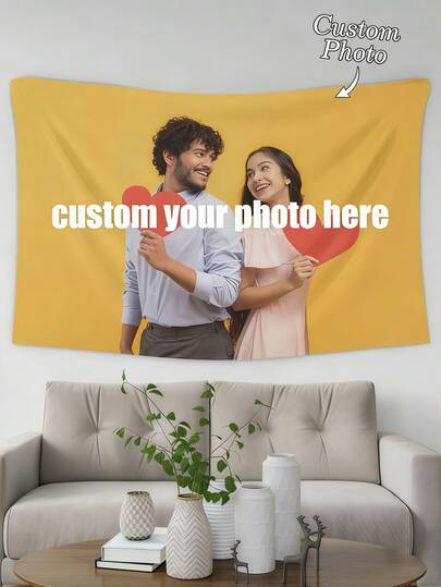 1 pieza Tapiz personalizado de pareja con foto, Tela decorativa colgante de poliéster con retrato doble personalizado, Colgante de pared impreso con familia, amigos, amantes para decoración del hogar, sala de estar, dormitorio, oficina / Decoración de habitación / Decoración de fiesta
