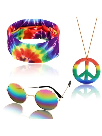 Yanxyad 1/3 Paquetes de Accesorios Hippie Juego de Joyas con Diadema Tie Dye y Collar con Signo de Paz, Disfraz Retro de los 70 para Hombres y Mujeres, Juego de Joyas Hippie para Halloween y Fiestas Temáticas