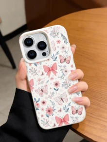 1pc White Faux Leather Texture Fashionable Fresh Pink Butterfly & Flower Pattern Phone Case Compatible With IPhone 17 Pro Max/16/15/14 Plus/13/12/11, Suitable For Personal Use And Gift - White - View 3