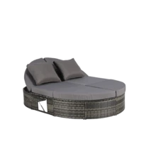 Cama Redonda para Patio Exterior, Tumbona con Respaldo Ajustable y Bandejas Plegables para Vasos, Cama Reclinable de Mimbre y Ratán para Patio con Cojines y Almohadas para Jardín o Piscina. - Gris oscuro + ratán + metal + poliuretano - Ver 10