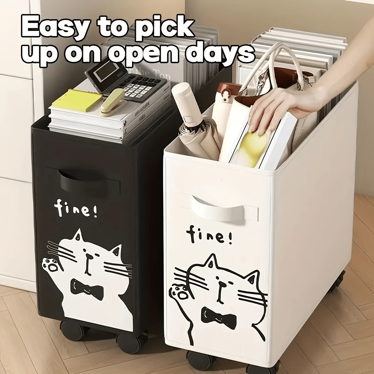 Rolling Storage Cart For Under-Desk - Multifunctional Storage Basket, Essential For Mobile Office Organization, With Cute Cat Print - Under-Desk Organizer With Wheels, Plastic Office Supply Basket For Home And Workspace, School Supplies, Back To School - A - 查看 1