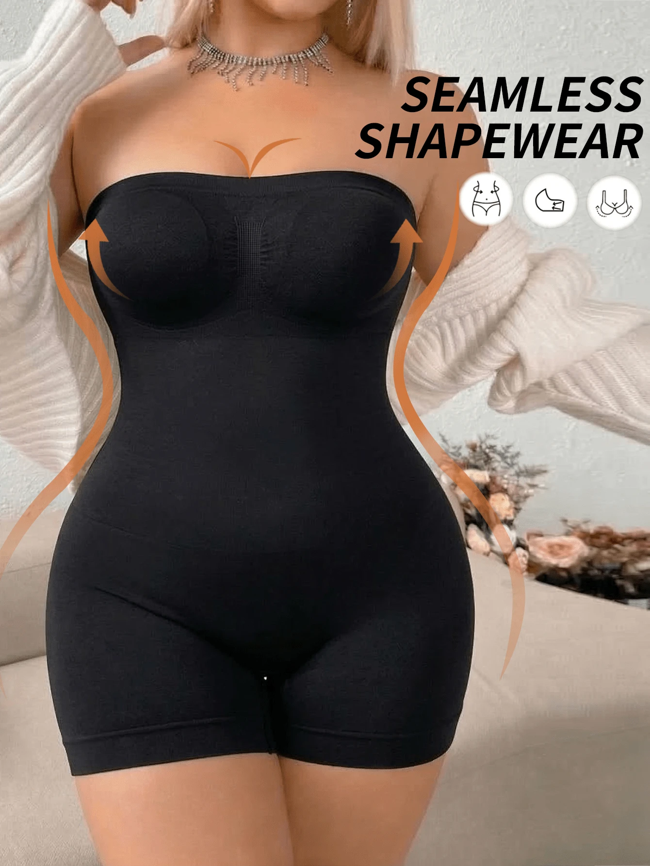 1 bộ áo liền thân định hình eo không đường may dành cho nữ cỡ lớn - Áo định hình toàn thân, phù hợp cho váy, đám cưới, mặc hàng ngày và phục hồi sau sinh. - màu đen - Xem 1