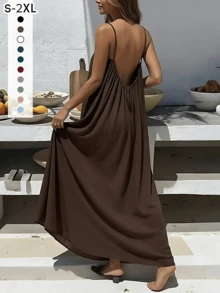 Women's Sleeveless Casual Brown Cami Dress With Maxi Length And Straight Hem - 咖色 - 查看 1