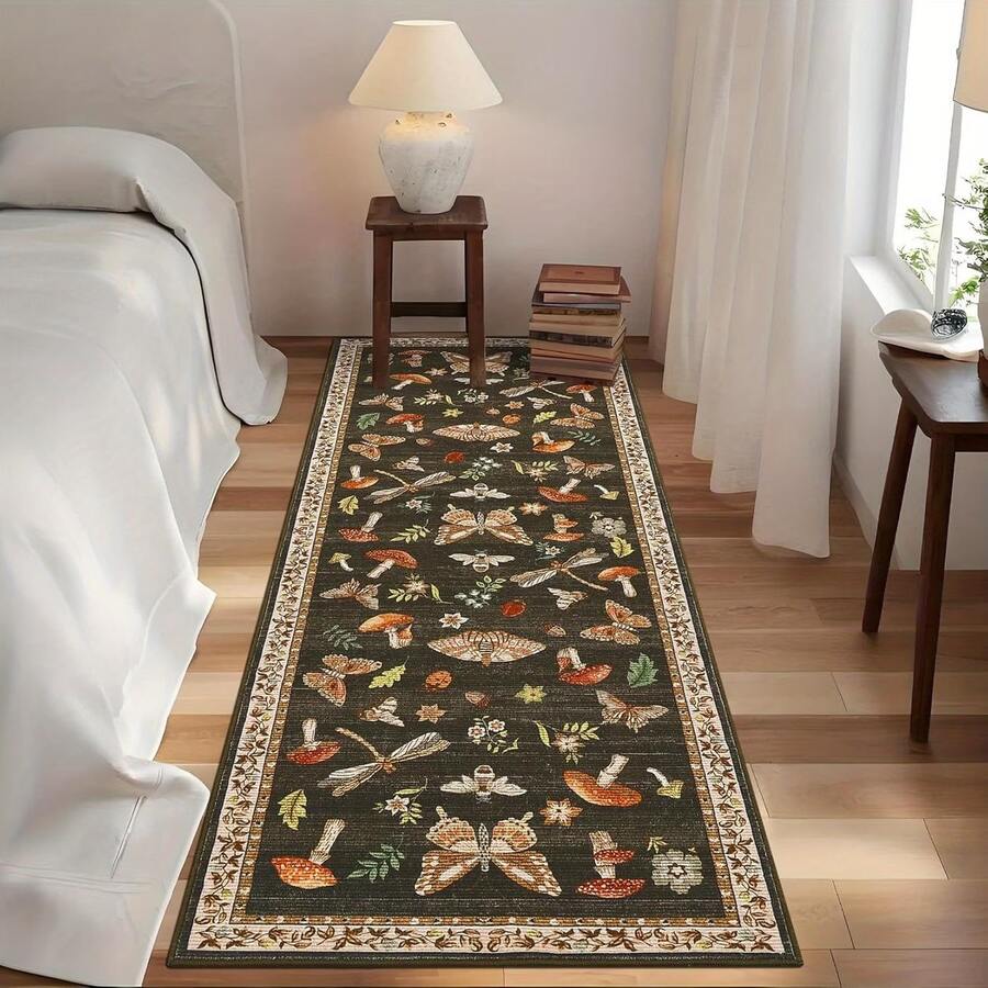 1pc Natural Style Decorative Rug, Designed With Mushroom And Insect Patterns, Suitable For Hallway, Kitchen Or Living Room Complex Designed Floor Mat, Applicable For Hallway Runner, Carpet, Area Rug, Mat, Home Decor, Area Carpet, Living Room Area Rug, Living Room Home Decor, Room Decor, Washable Carpet