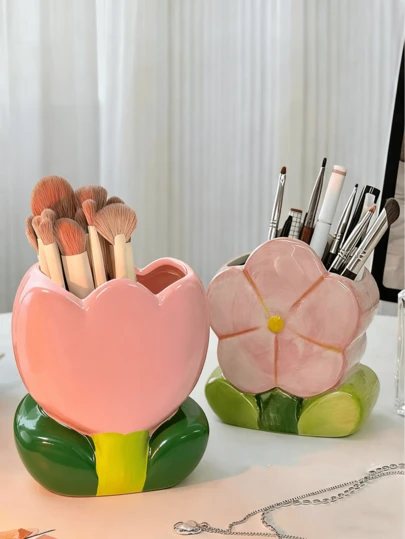 Cute Flower-Shaped Resin Makeup Brush Holder – Adorable Tulip/Flower Design In Pink & White | Sweet Single-Piece Organizer For Vanity Counters, Dresser Tops & Bathroom Sinks | Durable Waterproof Craft To Keep Brushes Neat & Infuse Vanity Spaces With Playful, Feminine Charm