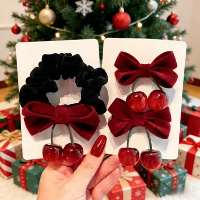 2pcs Red Retro Velvet Bow Cherry Hair Accessories, Cherry Hair Scrunchies, Cute Minimalist Hair Clips, Suitable For Valentine's Day, Christmas, New Year Gifts, Decorative For Photo Shoots