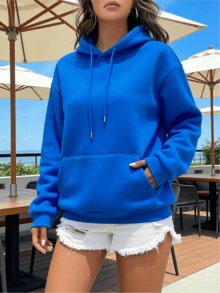 Women's Summer Lightweight Breathable Oversized Hoodie, Casual Solid Color Long Sleeve Hooded Sweatshirt With Kangaroo Pocket, Versatile Summer Streetwear Top,Summer Knitwear, Summer Women's Clothing, Summer Sweatshirts, Summer Tops,Sports Sweatshirt - 寶藍色 - 查看 4