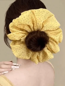 1pc Apricot Yellow New French Floral Chiffon Large Intestine Hair Ring Gentle High-End Meatball Head Rope Hair Rope Flower Plate Hair Girl - Yellow - View 2