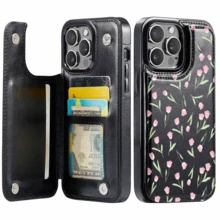 Tulip/Wallet Card Holder,Credit Card Slots Phone Case For Iphone17/17air 16/15Pro 14/13pro12 11 ProMax Xs 16Plus Case, Cute Phone Case  Galaxy S22/S23+S24 Plus/S25Ultra/ Cover For Women Girls Stylish  Fashionable Coin Pocket Magnetic.A476 - 黑色 - 查看 2