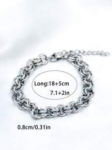 1件简约时尚不锈钢双环链式手链，男士及情侣休闲佩戴 - 銀色 - 查看 5