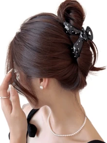 2pcs French Polka Dot Large Grab Clip Women's New High-End Hair Clip Back Of The Head Hair Claw Temperament Clip Hair Accessory - Multicolor - View 3