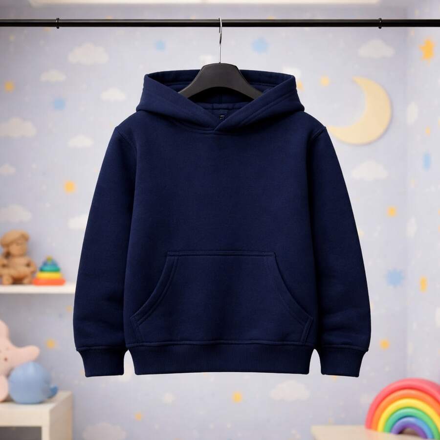 Unisex Children's And Youth Hooded Sweatshirt, Sizes 2 To 16, With Ribbed Cuffs - Navy Blue - View 1