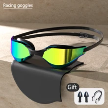 电镀泳镜和泳帽套装，高清，男女通用，防水，防雾，专业比赛游泳装备。 - 黑色透明+鼻夾+耳塞 - 查看 1