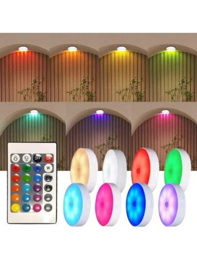 1/3/6pcs RGB Night Light, LED Round Light With Remote Control, LED Dimmable Timed Closet Light, Wireless Cabinet Lighting, Suitable For Home Holiday Decoration, Stairs, Wardrobes, Desks And Headboards (250mAh)