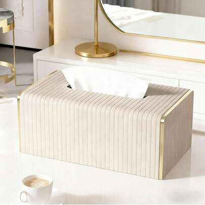 Hộp khăn giấy lớn bằng da PU kẻ sọc – Hộp khăn giấy sang trọng kiểu Bắc Âu viền vàng | Vật dụng cần thiết khi đi du lịch, vật dụng cần thiết khi đi du lịch cho nữ, đồ dùng sắp xếp và trang trí nhà cửa | Thích hợp cho khách sạn, phòng khách, phòng ngủ, văn phòng, không gian thương mại và trang trí phòng tắm | Lý tưởng cho trang trí nhà kiểu Bohemian, trang trí nhà cửa, trang trí văn phòng và phụ kiện bàn làm việc